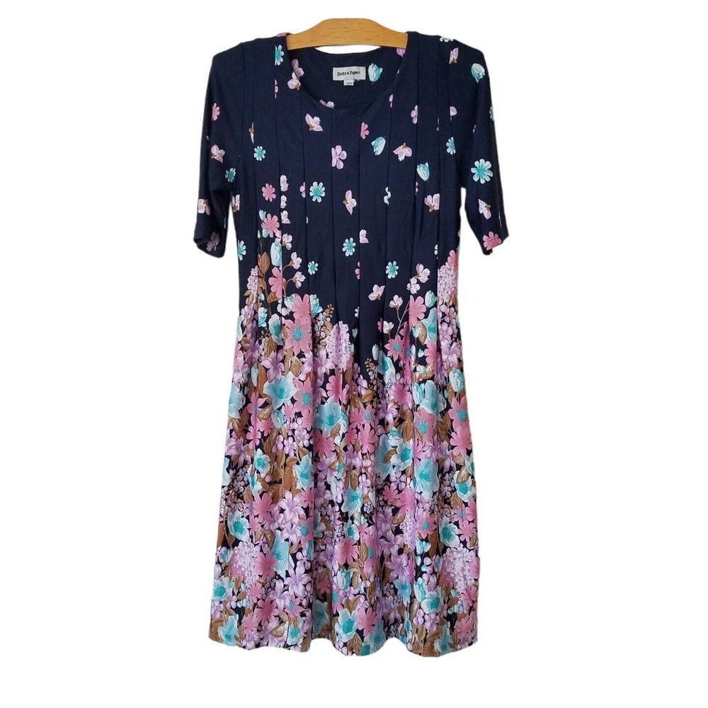 Shelby & Palmer Womens M Floral Dress Pleated Short Sleeve Navy Pink